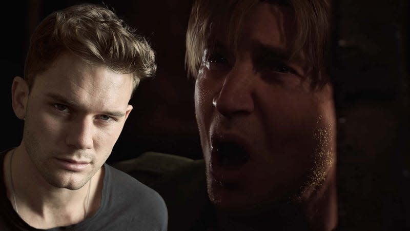 A screenshot shows an cutscene of James from the Silent Hill 2 remake alongside actor Jeremy Irvine's headshot.