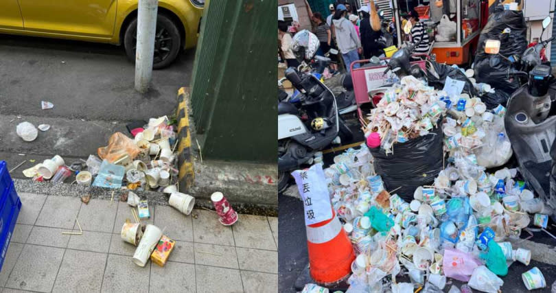 民眾無視「禁丟垃圾」標語，堆滿吃完食物的紙碗及竹籤等垃圾。（合併圖／翻攝臉書／北港在地生活）