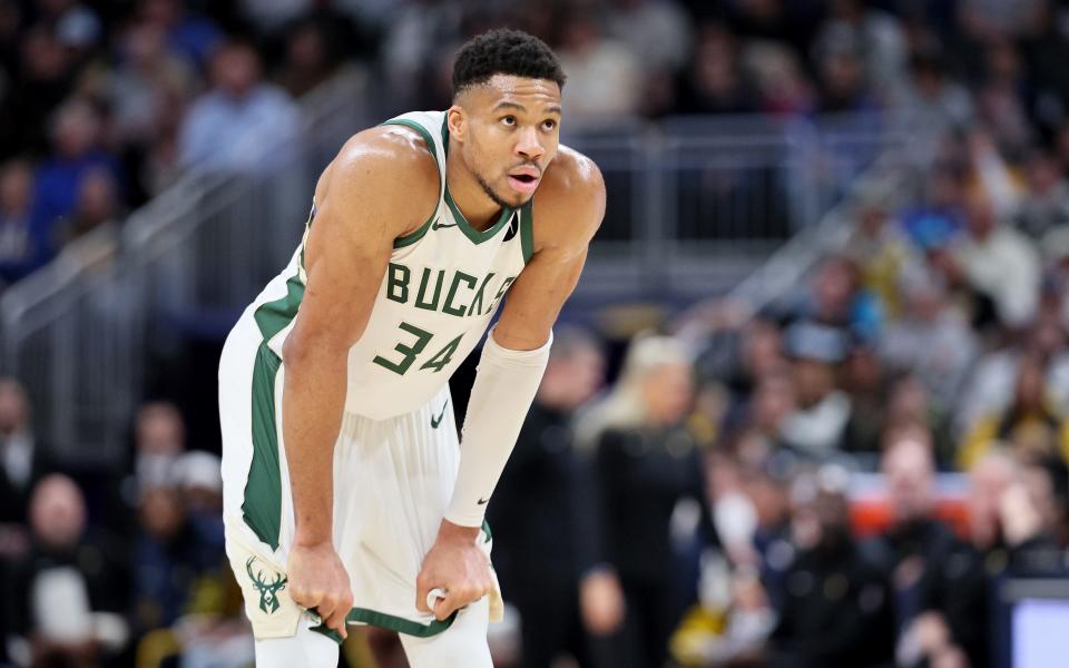 Giannis Antetokounmpo #34 of the Milwaukee Bucks against the Indiana Pacers at Gainbridge Fieldhouse on Jan. 03, 2024, in Indianapolis, Indiana.