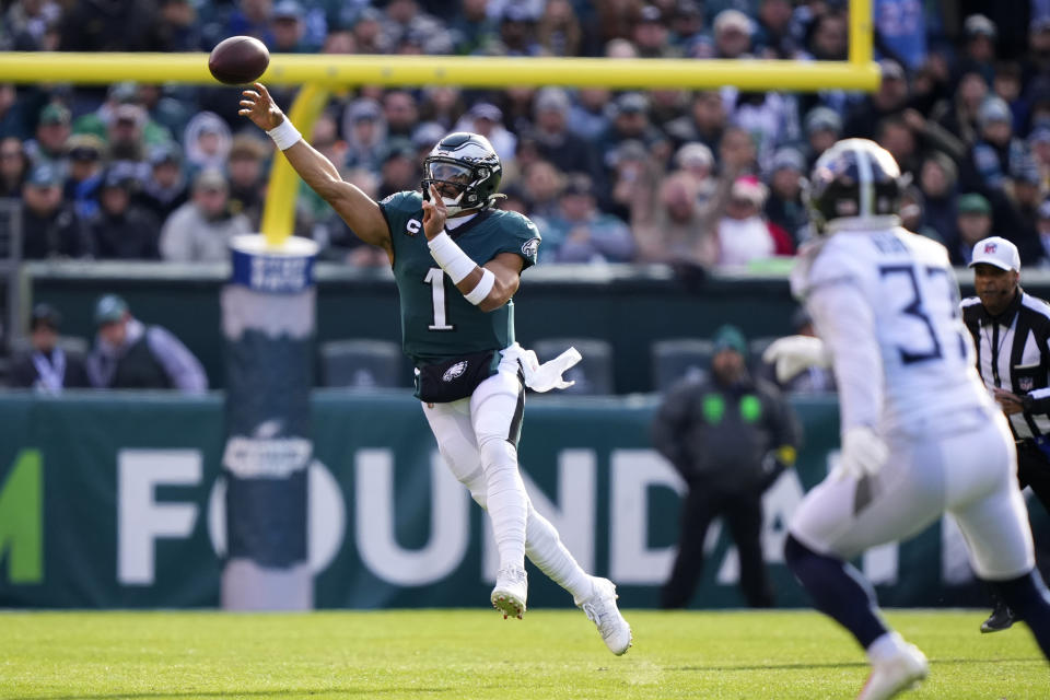 Philadelphia Eagles' Jalen Hurts throws during the first half of an NFL football game against the Tennessee Titans, Sunday, Dec. 4, 2022, in Philadelphia. (AP Photo/Matt Rourke)