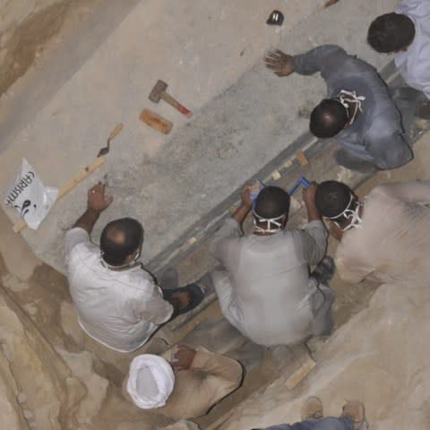 The unopened 2,000-year-old sarcophagus was discovered in Alexandria several weeks ago - Credit: Egyptian Ministry of Antiques