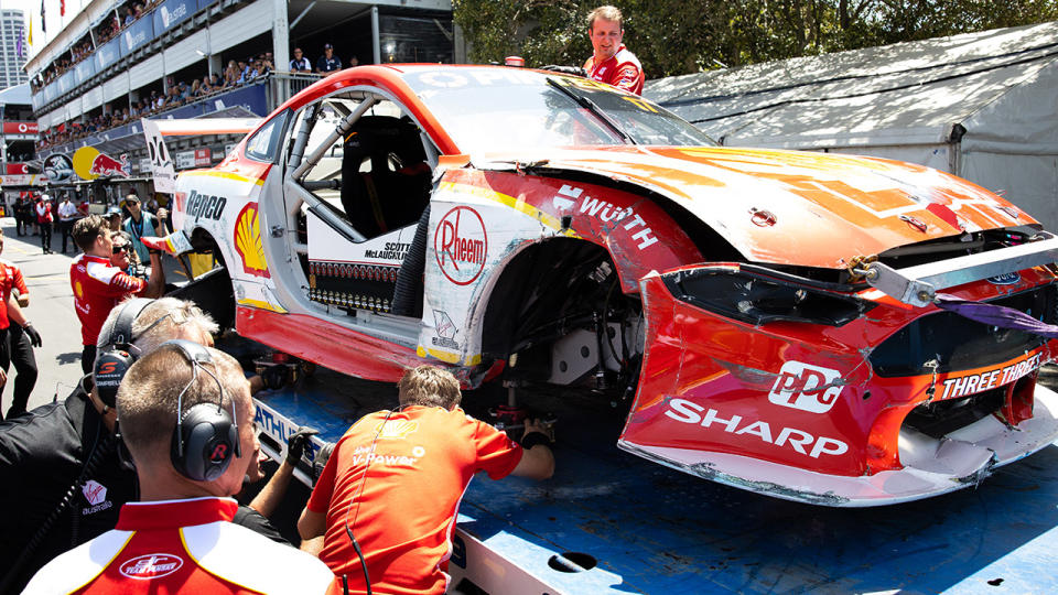 Scott McLaughlin's car, pictured here after the crash at the Gold Coast 600.