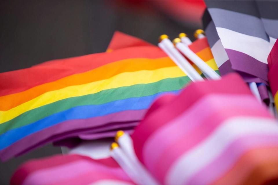 Rainbow flags sit on a table at the Pikeville Pride booth during the Hillbilly Days Festival in Pikeville, Ky., on Thursday, April 20, 2023.
