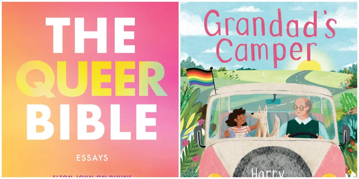 A collage of two book covers side by side, featuring "The Queer Bible" and "Grandad's Camper"