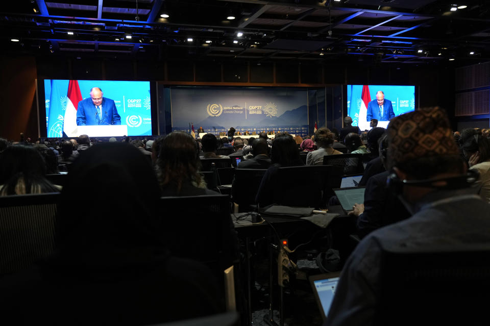 Sameh Shoukry, president of the COP27 climate summit, speaks at the COP27 U.N. Climate Summit, Sunday, Nov. 6, 2022, in Sharm el-Sheikh, Egypt. (AP Photo/Peter Dejong)