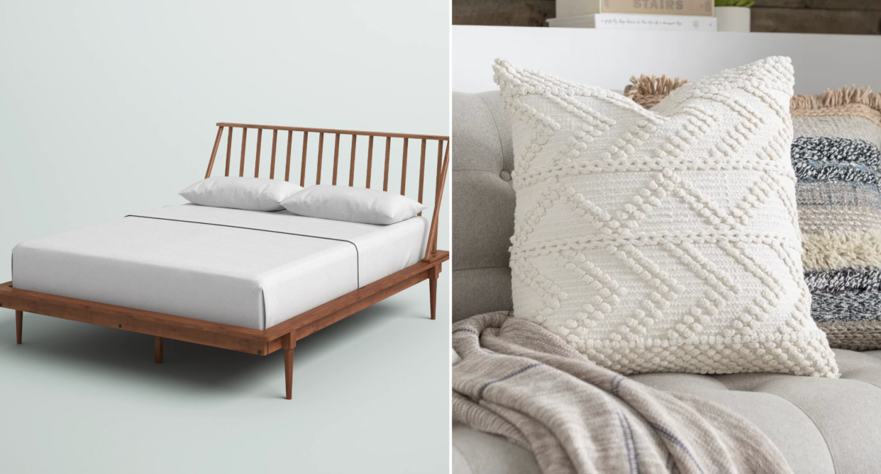 wayfair, split screen of wayfair brown wood bed and grey sheets and white embroidered pillow on sofa