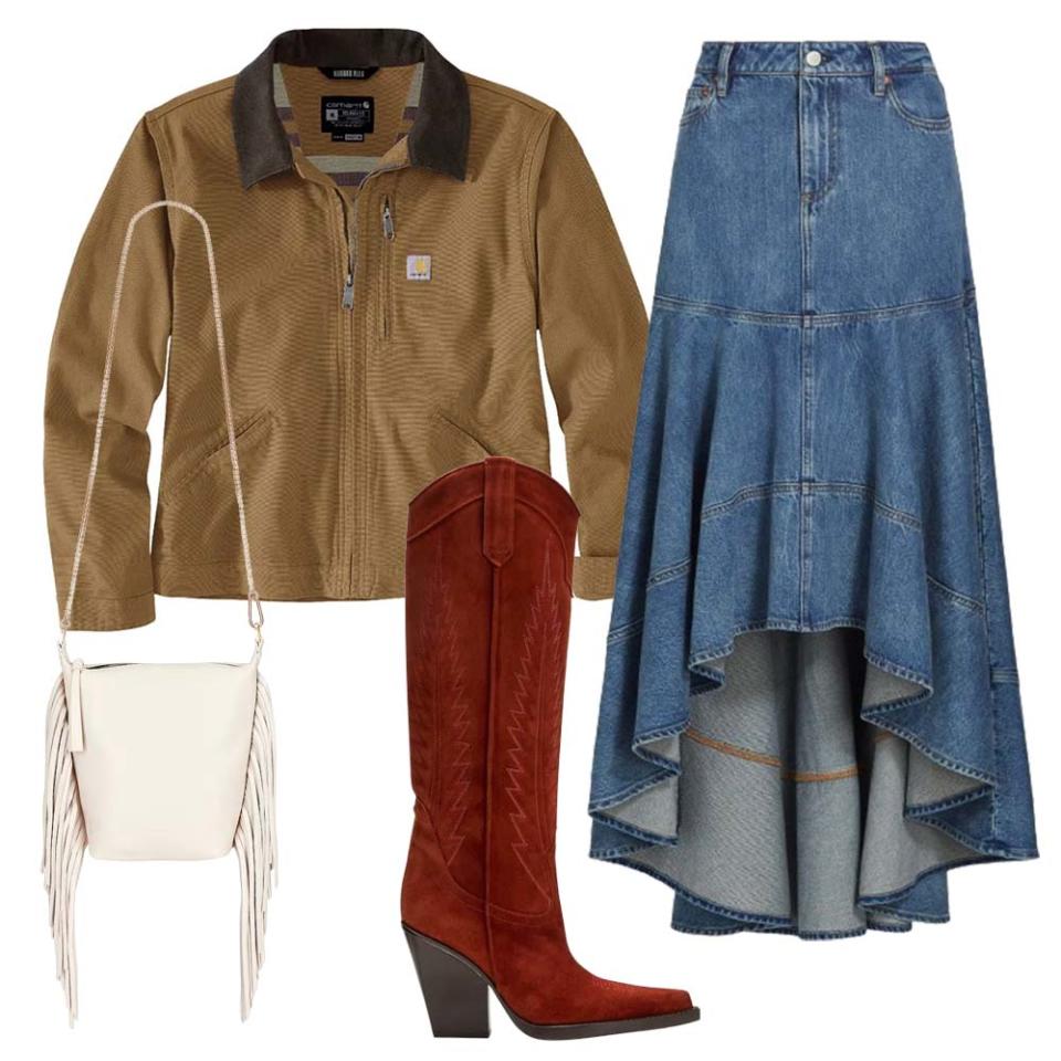 canvas barn jacket; white fringe crossbody bag; long denim skirt; red cowboy boot