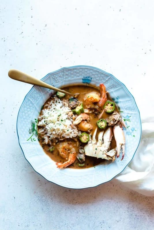 <p>Grandbaby Cakes</p><p>This generations-old seafood gumbo recipe is chock-full of tender shrimp, oysters and crab meat swimming in a spiced broth that began with a deep medium flavorful roux! This has that spicy kick that will warm you up all year round! </p><p><strong>Get the recipe: </strong><strong><a href="https://grandbaby-cakes.com/seafood-gumbo-recipe/" rel="nofollow noopener" target="_blank" data-ylk="slk:Seafood Gumbo;elm:context_link;itc:0;sec:content-canvas" class="link ">Seafood Gumbo </a></strong></p>