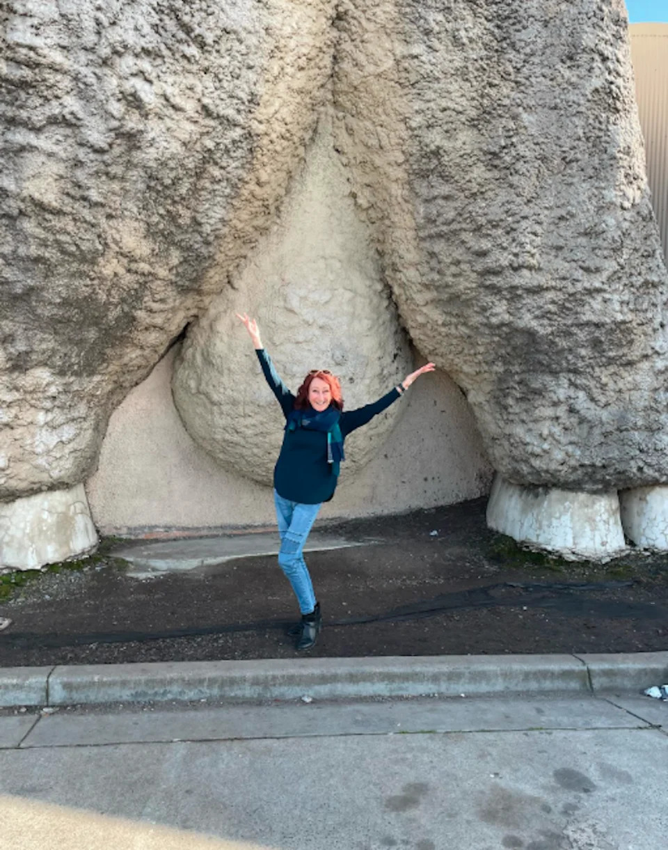 Lynne McGranger poses with the Big Merino 