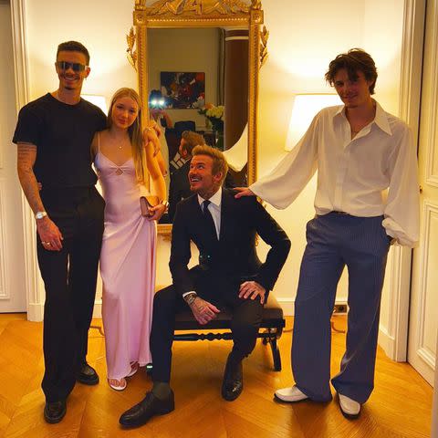 <p>David Beckham/Instagram</p> (Left to right) Romeo, Harper, David and Cruz Beckham pose for a family photo before heading to Victoria Beckham's fashion show in Paris