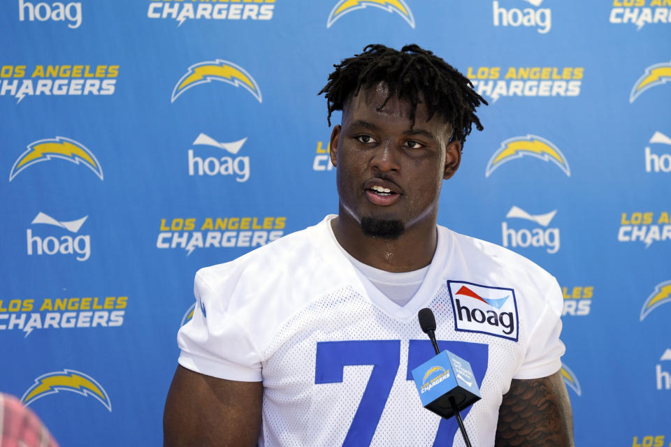 Los Angeles Chargers offensive lineman Zion Johnson answers questions during an NFL football rookie minicamp, Friday, May 13, 2022, in Costa Mesa, Calif. (AP Photo/Marcio Jose Sanchez)