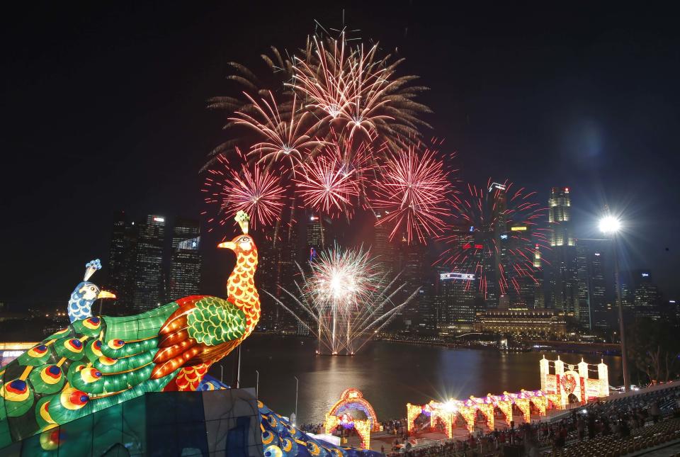 Fireworks explode at the River Hongbao Lunar New Year Celebrations along Marina Bay in Singapore