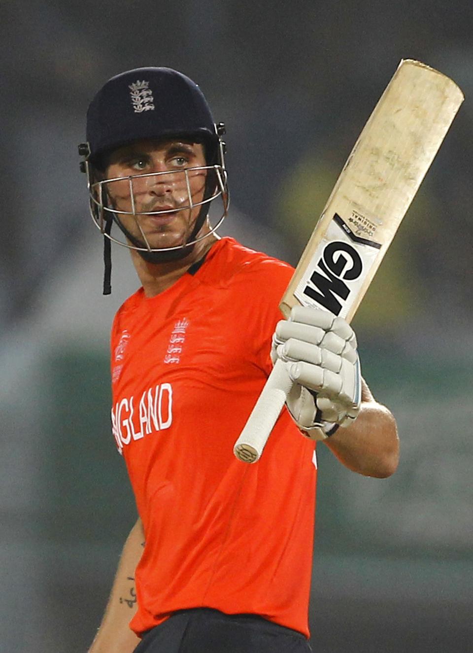 England's Alex Hales acknowledges the crowd after scoring a half century during their ICC Twenty20 Cricket World Cup match against Sri Lanka in Chittagong, Bangladesh, Thursday, March 27, 2014. (AP Photo/A.M. Ahad)