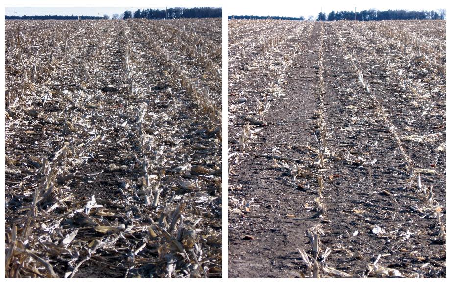 This undated combo photo, provided by the University of Nebraska-Lincoln, shows corn residue after grain harvest, left, adjacent to a field section where corn residue was baled and removed after grain harvest in Jefferson County, Neb. Biofuels made from corn leftovers after harvest are worse than gasoline for global warming in the short term, challenging the Obama administration's conclusions that they are a cleaner oil alternative from the start and will help climate change. (AP Photo/The University of Nebraska-Lincoln)