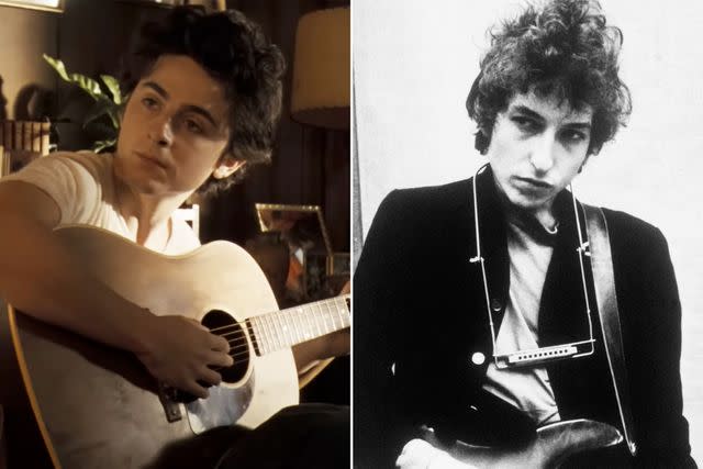 <p>Searchlight Pictures ; Bettmann</p> Timothee Chalamet as Bob Dylan in 'A Complete Unknown'. ; Bob Dylan.