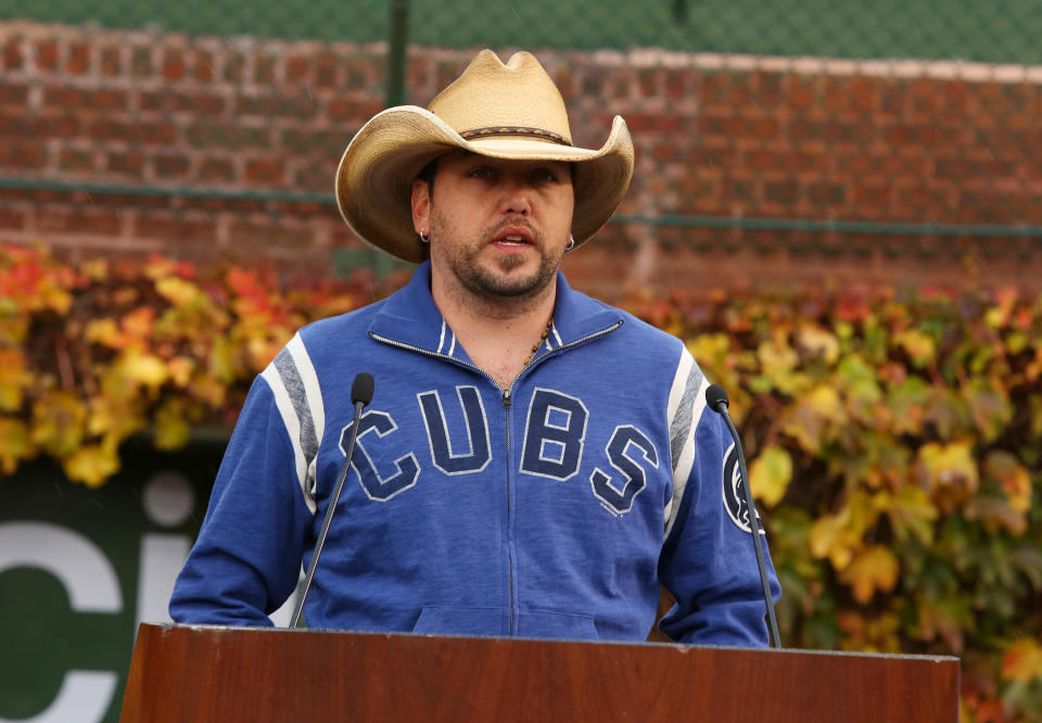 Country singer Jason Aldean speaks during a news conference at Wrigley Field to announce his 2013 Night Train Tour on Thursday, Oct. 18, 2012, in Chicago. (Photo by Barry Brecheisen/Invision/AP)