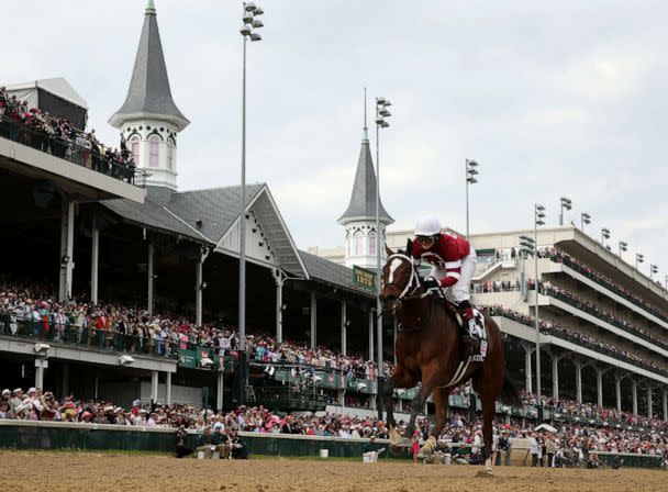 PHOTO: Untapable #13, ridden by Rosie Napravnik, crosses the finish line to win the 140th running of the Kentucky Oaks at Churchill Downs in this May 2, 2014 file photo in Louisville, Ky. (Rob Carr/Getty Images)