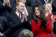 <p><strong>When:</strong> March 18, 2017 <strong>Where:</strong> Six Nations rugby match at the Stade de France <strong>Wearing:</strong> Carolina Herrera red double-breasted coat <strong>Get the Look:</strong> Via Spiga Skirted Double-Breasted Button-Front Coat, $175; <span>macys.com</span> L.L. Bean Classic Lambswool Polo Coat, $229; <span>llbean.com</span></p>