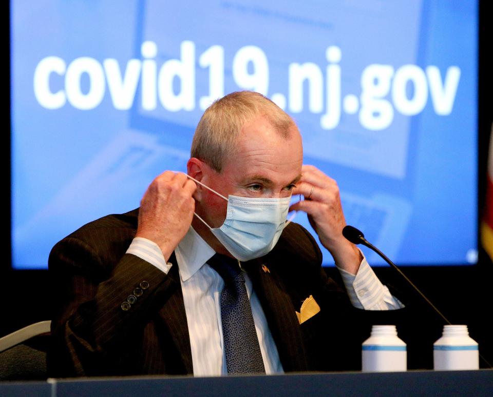 NJ Governor Phil Murphy masks up at the conclusion of his Monday, May 3, 2021, COVID-19 briefing delivered at the War Memorial in Trenton.  