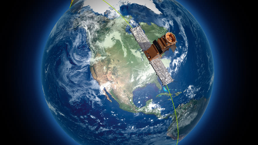  Illustration of a satellite orbiting earth above north america. 