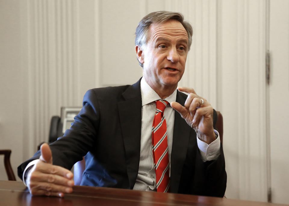 FILE - In this Tuesday, Dec. 18, 2018, file photo, outgoing Tennessee Gov. Bill Haslam answers questions during an interview in Nashville, Tenn. Former Tennessee Gov. Bill Haslam has told The Tennessean that he won’t run for the U.S. Senate seat being vacated by Republican Sen. Lamar Alexander. (AP Photo/Mark Humphrey, File)