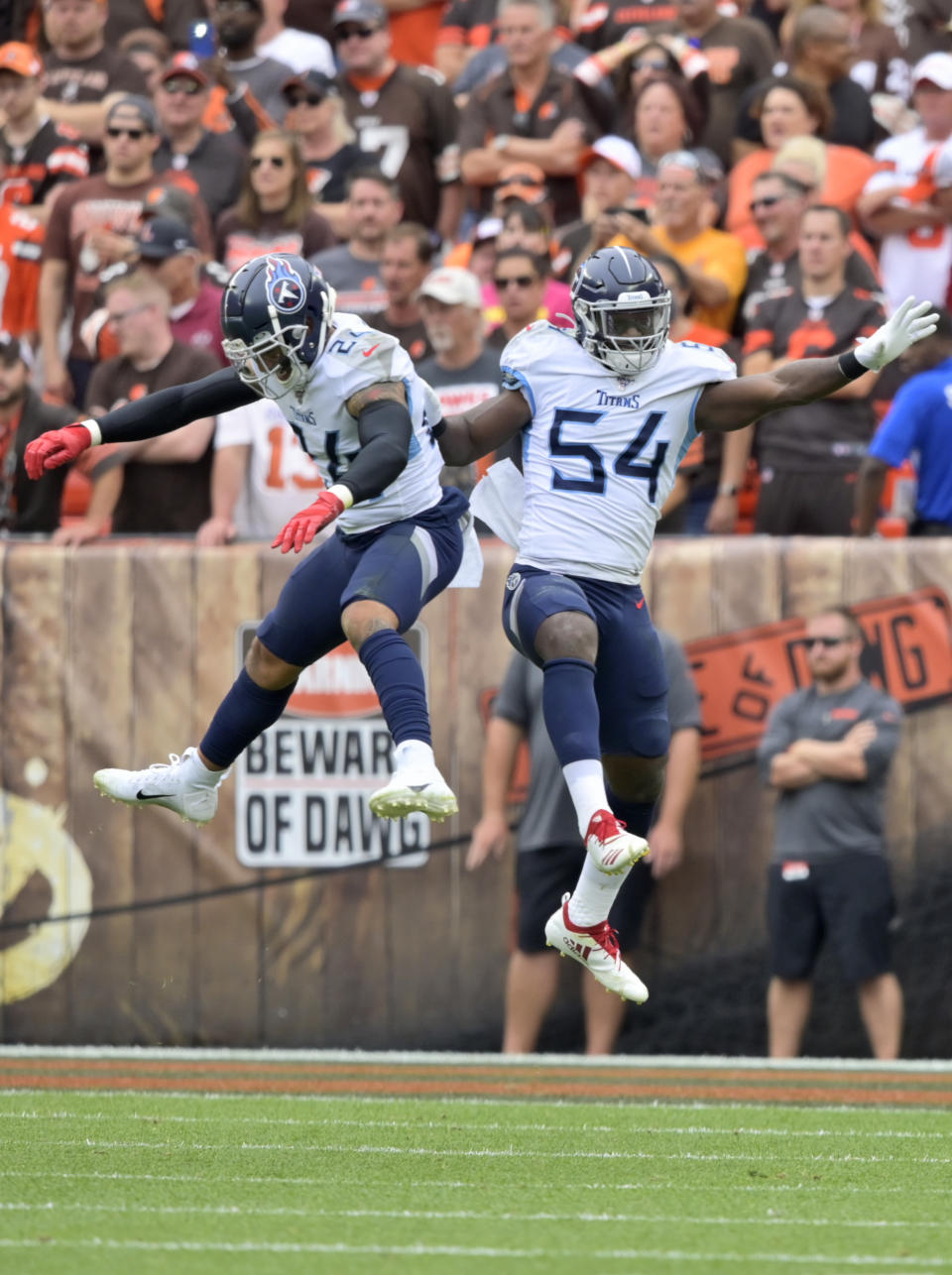 Tennessee Titans inside linebacker Rashaan Evans (54) and strong safety Kenny Vaccaro (24) celebrate a safety during the first half in an NFL football game against the Cleveland Browns, Sunday, Sept. 8, 2019, in Cleveland. (AP Photo/David Richard)