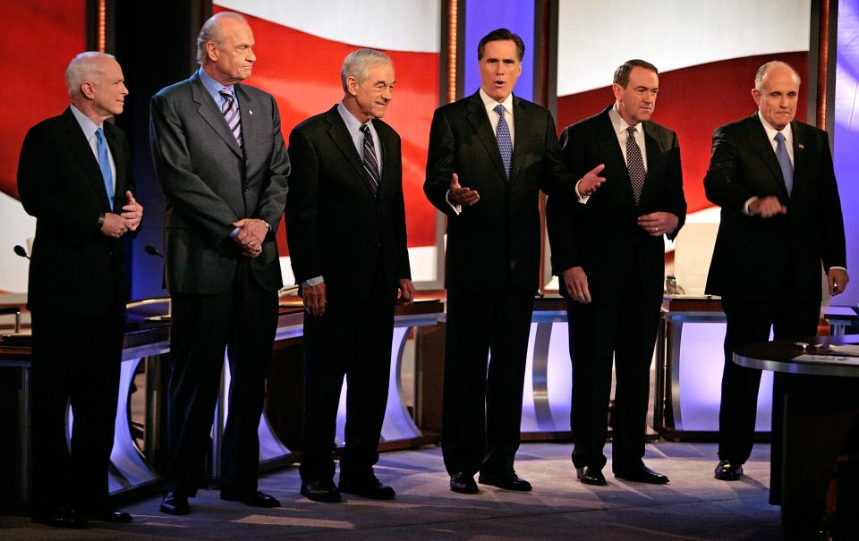 Republican presidential candidates at a GOP debate in 2008