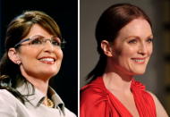 (FILE PHOTO) In this composite image a comparison has been made between Sarah Palin (L) and actress Julianne Moore. The TV film biopic 'Game Change' airing in 2012 in March on HBO stars actress Julianne Moore as Republican nominee Sarah Palin during the 2008 presidential campaign in the US. ***LEFT IMAGE*** ST. PAUL, MN - SEPTEMBER 03: Republican U.S vice-presidential nominee Alaska Gov. Sarah Palin pauses while speaking on day three of the Republican National Convention (RNC) at the Xcel Energy Center on September 3, 2008 in St. Paul, Minnesota. The GOP will nominate U.S. Sen. John McCain (R-AZ) as the Republican choice for U.S. President on the last day of the convention. (Photo by Chip Somodevilla/Getty Images)***RIGHT IMAGE***SANTA BARBARA, CA - FEBRUARY 11: Actress Julianne Moore arrives at the presentation of the Santa Barbara Film Festival Montecito Award to actress Julianne Moore on February 11, 2010 in Santa Barbara, California. (Photo by Alberto E. Rodriguez/Getty Images)