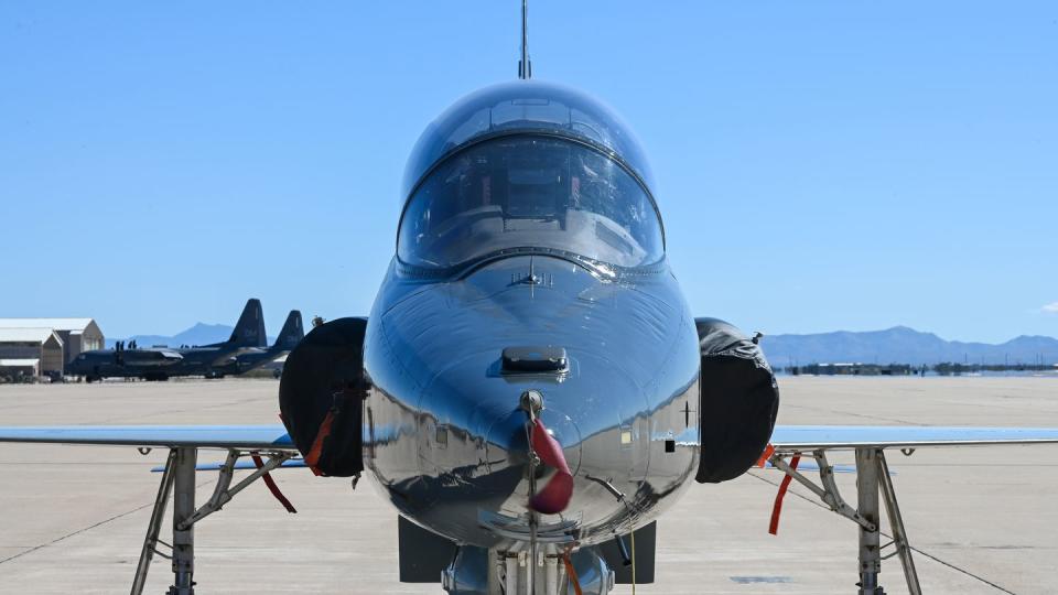 A T-38 Talon sits on the flightline at Davis-Monthan Air Force Base, Ariz., Feb. 7. The T-38 Talon is used as a trainer aircraft for future fighter and bomber pilots. (Airman 1st Class Vaughn Weber/Air Force)