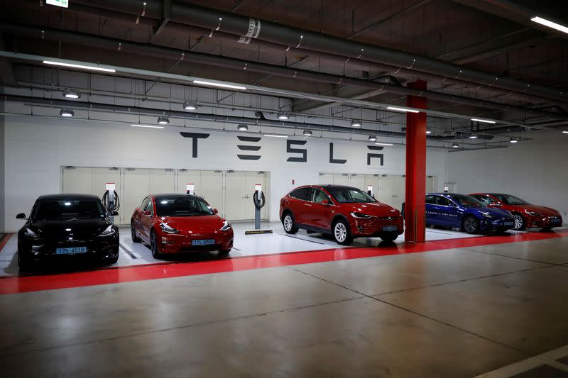 FILE PHOTO: Tesla electric vehicles for test driving are parked in Hanam