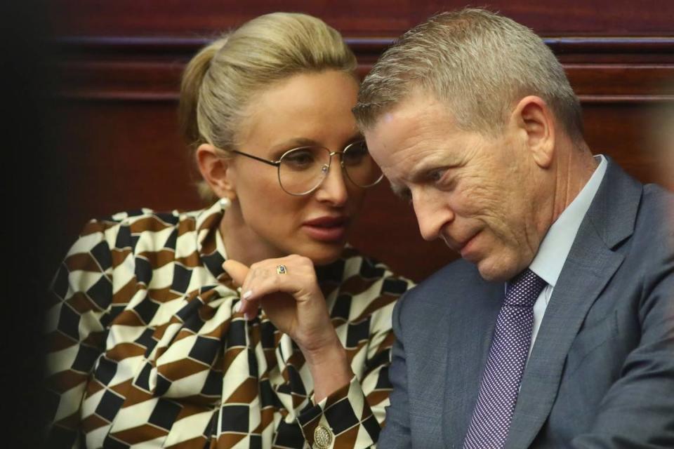 State Sen. Lauren Book, D-Plantation, confers with Rep. Paul Renner, R-Palm Coast, during debate on Senate Bill CS/SB 2-D: Property Insurance, in the Florida Senate Tuesday, May 24, 2022, at the Capitol in Tallahassee, Fla.