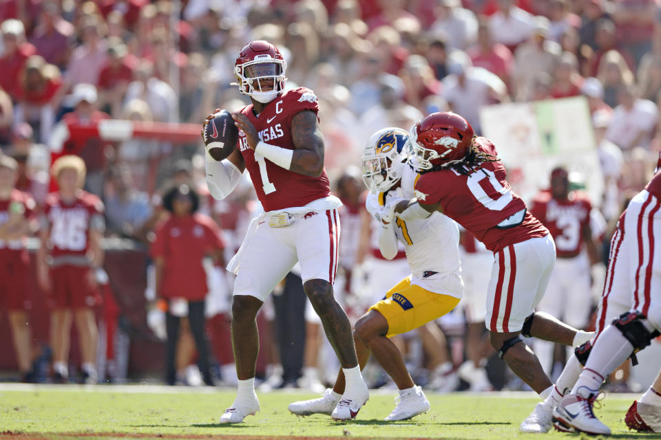 FAYETTEVILLE, ARKANSAS – SEPTEMBER 09: K.J. Jefferson #1 of the <a class="link " href="https://sports.yahoo.com/ncaaf/teams/arkansas/" data-i13n="sec:content-canvas;subsec:anchor_text;elm:context_link" data-ylk="slk:Arkansas Razorbacks;sec:content-canvas;subsec:anchor_text;elm:context_link;itc:0">Arkansas Razorbacks</a> drops back to pass in the first half during the game against the <a class="link " href="https://sports.yahoo.com/ncaaf/teams/kent-st/" data-i13n="sec:content-canvas;subsec:anchor_text;elm:context_link" data-ylk="slk:Kent State Golden Flashes;sec:content-canvas;subsec:anchor_text;elm:context_link;itc:0">Kent State Golden Flashes</a> at Donald W. Reynolds Razorback Stadium on September 09, 2023 in Fayetteville, Arkansas. (Photo by Wesley Hitt/Getty Images)