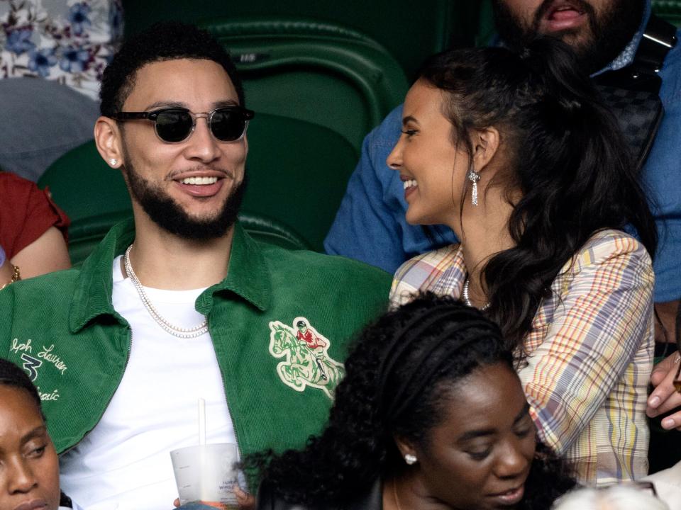 Maya Jama and Ben Simmons attend day 7 of the Wimbledon Tennis Championships at the All England Lawn Tennis and Croquet Club on July 05, 2021 in London, England