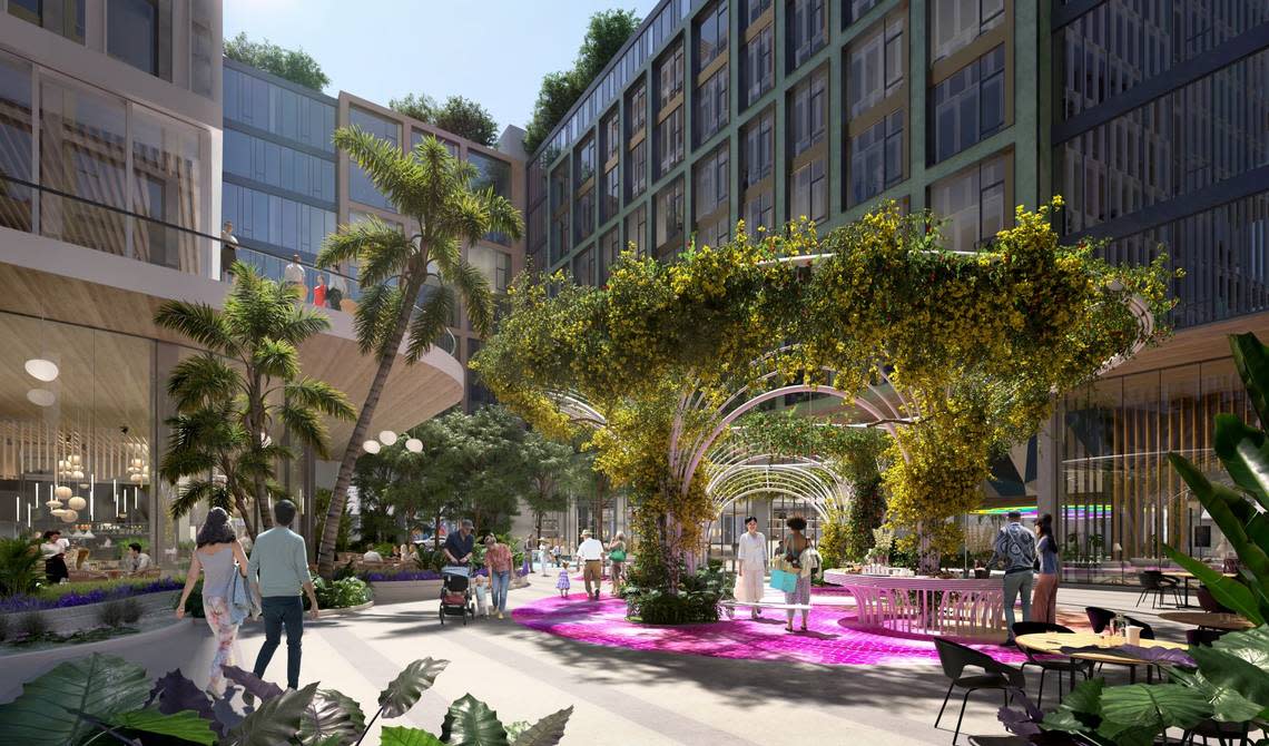 This is a rendering of the planned Wynwood Plaza adorned with tropical landscaping.