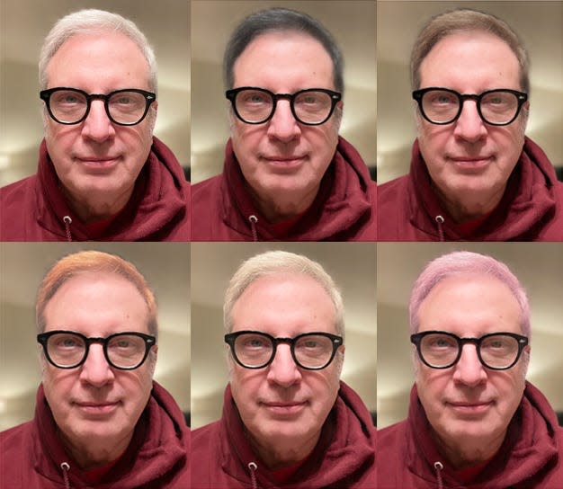 How does hair color shape perceptions of age? Jim Langdon tested it out with a photo of himself, top left. The remaining panels show him with a different hair color using the Garnier virtual color try-on app. He applied similar colors on President Joe Biden using his official White House portrait.