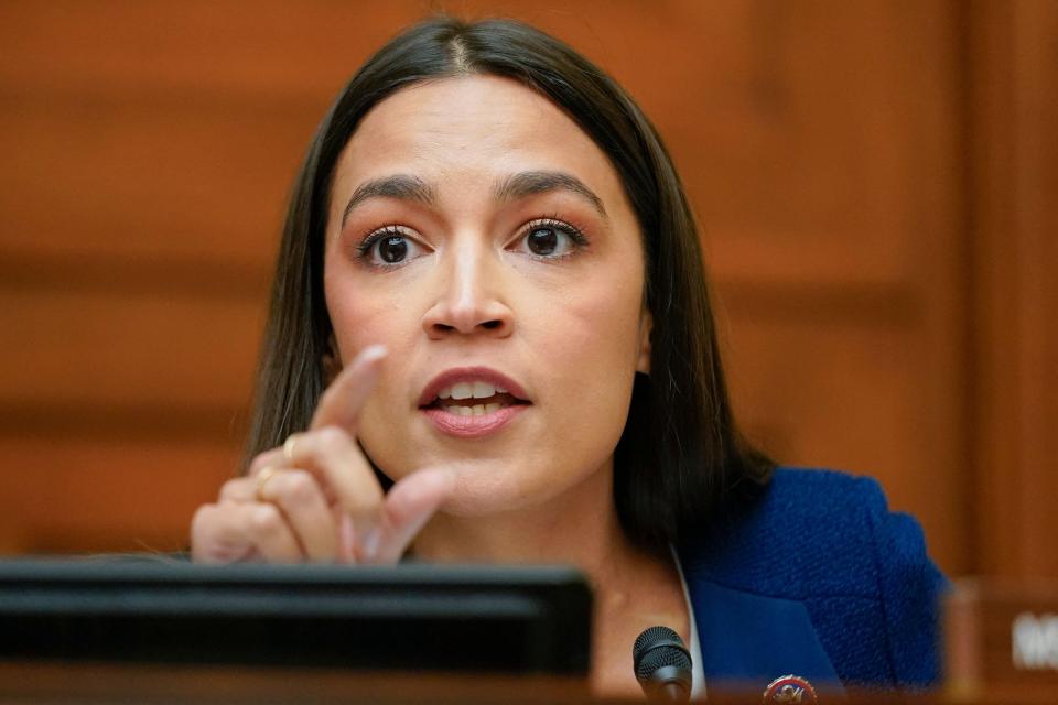 Rep. Alexandria Ocasio-Cortez, D-N.Y., speaks during a House Committee on Oversight and Reform hearing on gun violence on Capitol Hill in Washington, June 8, 2022.