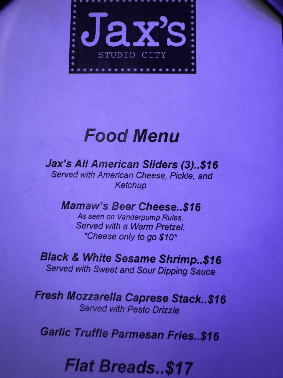 Menu featuring appetizers like Jax's American Sliders, Black & White Sesame Shrimp, and Garlic Truffle Pretzel Sticks at Jax's