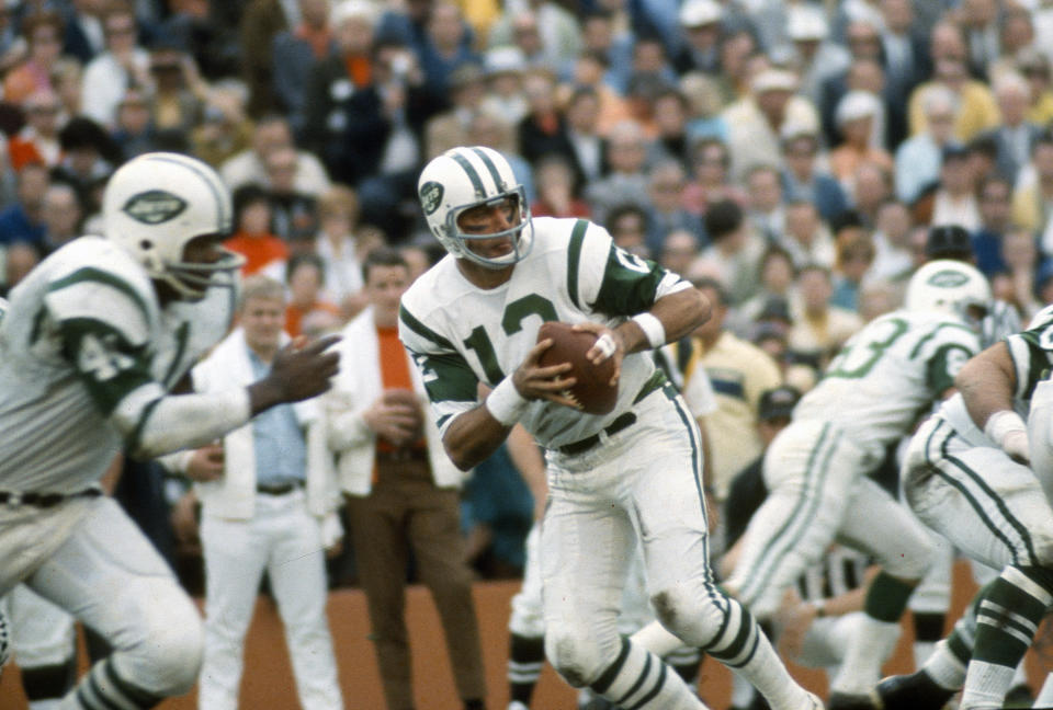 Joe Namath drops back to pass during Super Bowl III. (Focus on Sport/Getty Images)