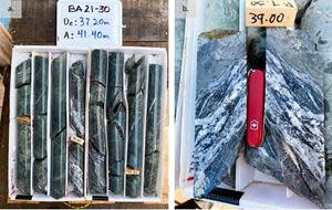 (a) Photo of drill core for hole BA21-30 from 37.20 m to 41.40 m; (b) Photo of two identical halves of a drill core intercept showing native silver mineralization