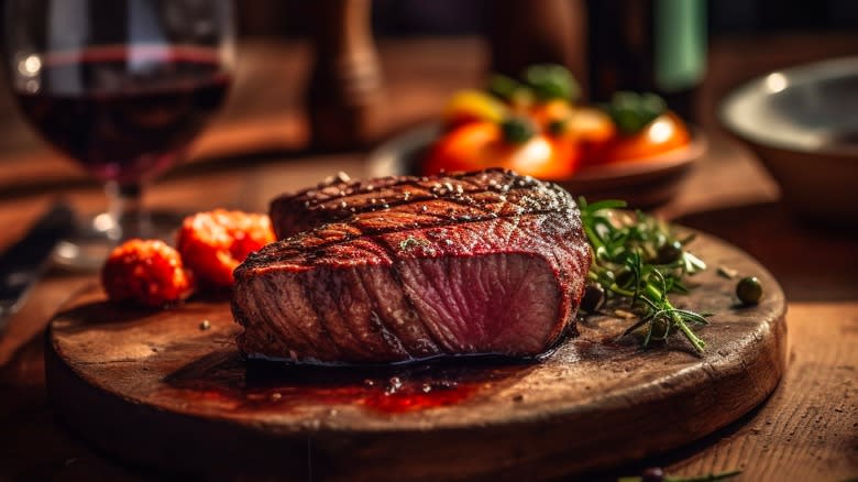 sliced steak wooden board