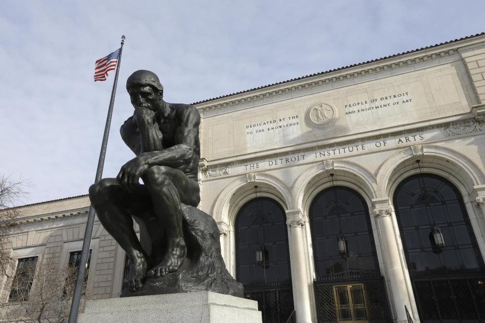 In a photo from Tuesday, Dec. 10, 2013 at the Detroit Institute of Arts in Detroit, The Thinker, a sculpture by Auguste Rodin is seen outside the art museum. Bankrupt Detroit’s ability to retain or protect art masterpieces bought with taxpayer dollars during better times could come down to the generosity of strangers. New York auction house Christie’s is expected this week to hand over its final report on the value of about 3,200 city-owned pieces at the Detroit Institute of Arts to state-appointed emergency manager Kevyn Orr. (AP Photo/Carlos Osorio)