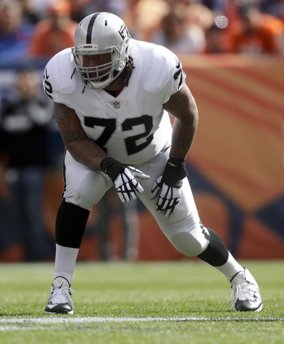 Oakland offensive tackle Donald Penn got in a heated exchange with Raider fans following Oakland’s third straight loss Sunday. (AP Photo/Jack Dempsey)