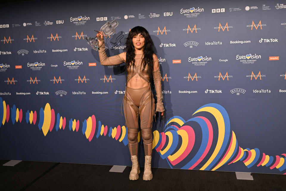 Loreen poses with her trophy after winning Eurovision 2023 in Liverpool