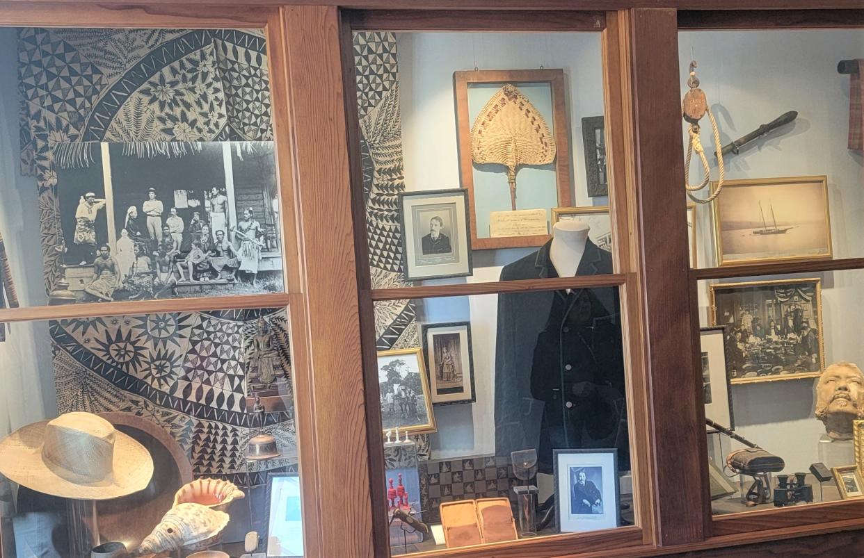 Artifacts and clothing from the travels of Robert Louis Stevenson.