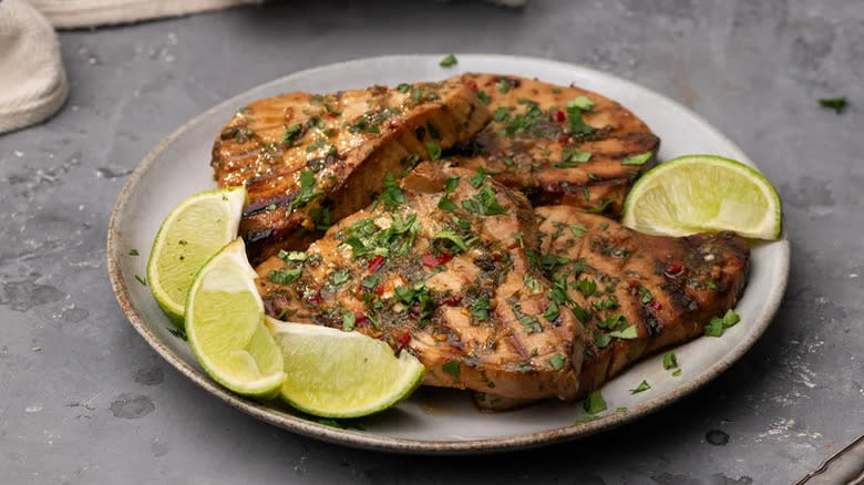 prepared plate of tuna steaks