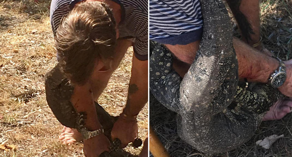 Paul spent more than 90 minutes waiting for help as the reptile sunk its claws into his leg and arm. Source: Supplied