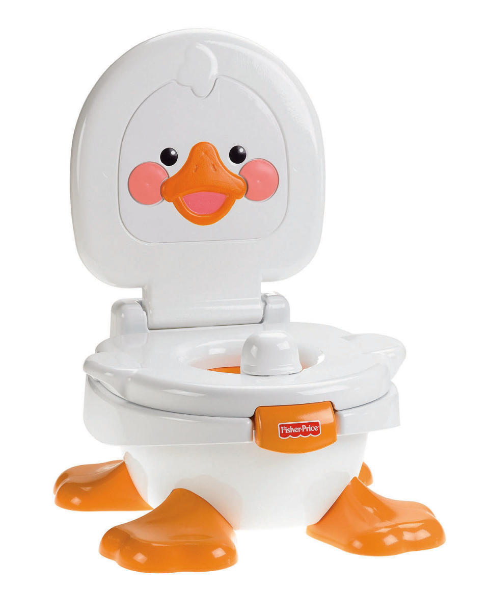 This product image released by Fisher Price shows the Ducky Fun 3-in-1 Potty training chair. For some parents, summertime is potty training time. And like so many aspects of life with kids, potty training means gear, lots of gear. The choices in potty seats and chairs proliferated and sprouted all manner of bells and whistles. (AP Photo/Fisher Price)