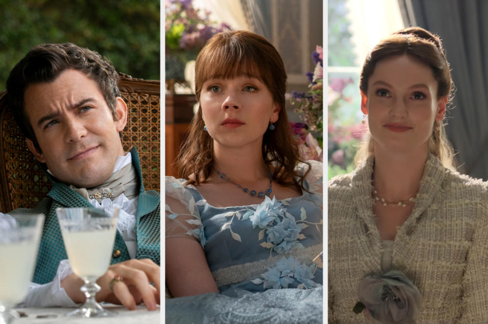 Luke Thompson, Claudia Jessie, and Hannah Dodd in period costumes from the Netflix series "Bridgerton."