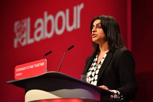 File: Shabana Mahmood speaks on stage on the second day of the annual Labour Party conference in Brighton, on the south coast of England on 26 September 2021 (AFP via Getty Images)