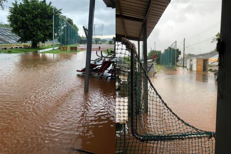 午後雷雨造成社子島棒球場淹水。（圖／翻攝自 陳文尚 臉書）
